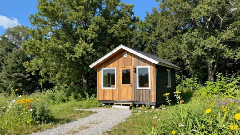 Tiny house in rural Wisconsin landscape with trees