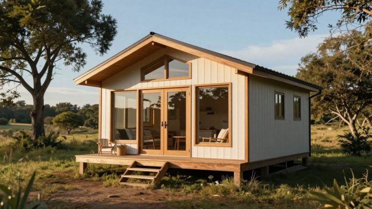 Tiny house in a scenic, sunny landscape.