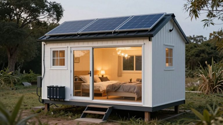 Tiny house with solar panels and battery storage