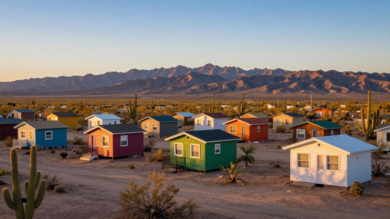 Tiny homes in Arizona desert at sunset