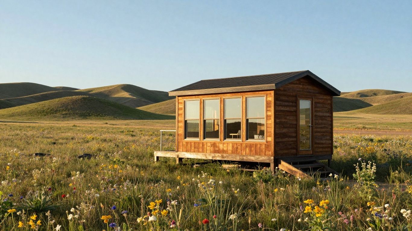 North Dakota tiny home in a scenic landscape.