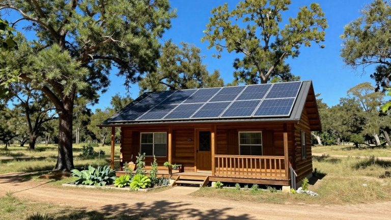 Off-grid cabin in Texas with solar panels.