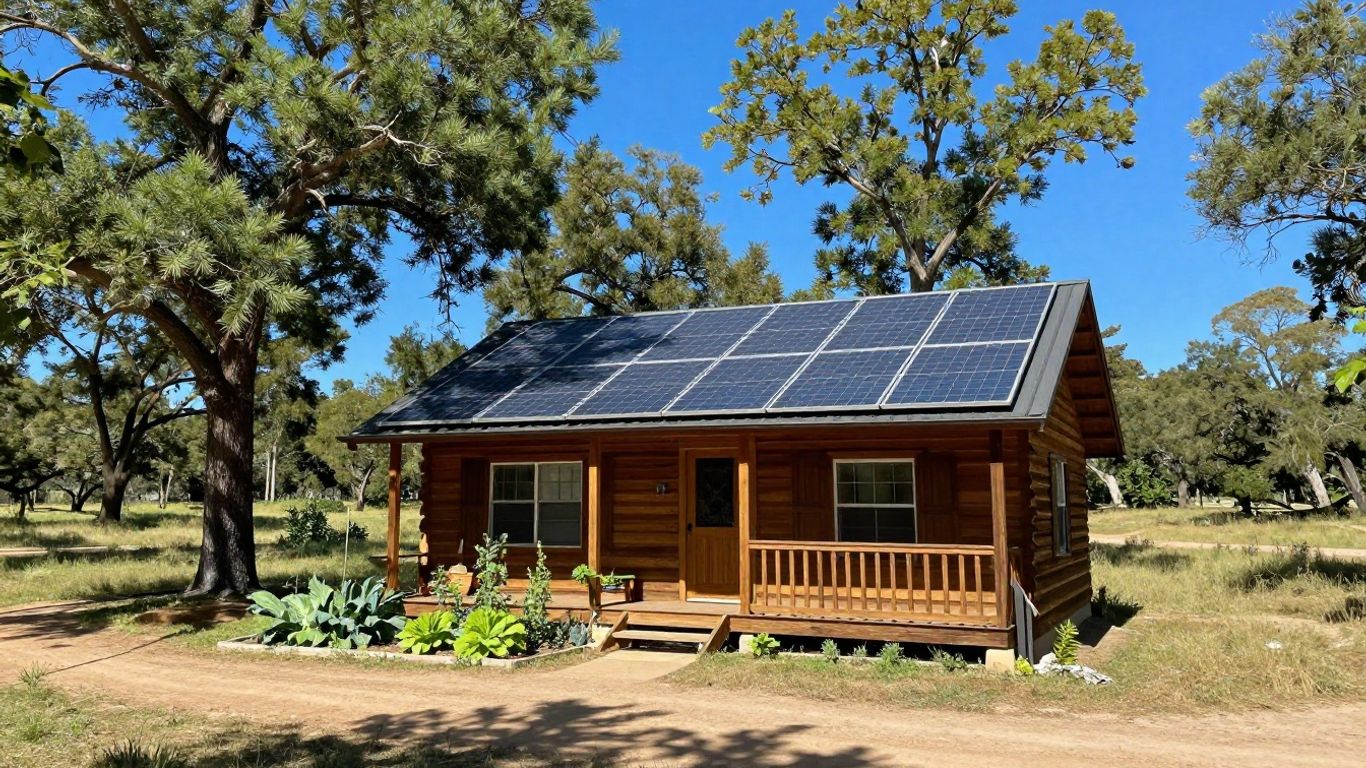 Off-grid cabin in Texas with solar panels.