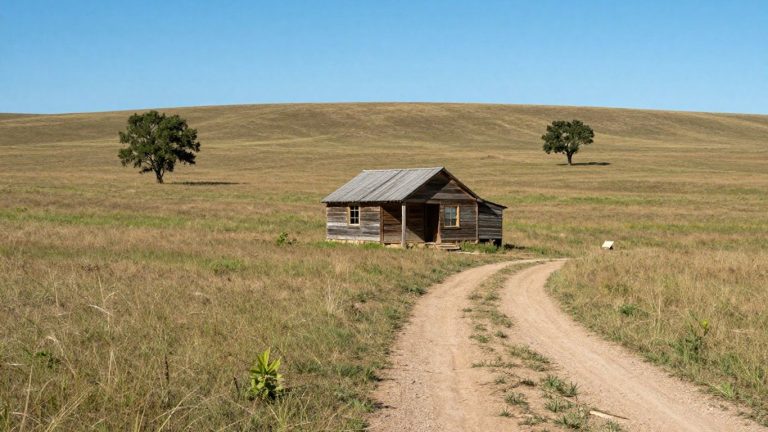 Off-grid cabin in South Dakota prairie landscape.