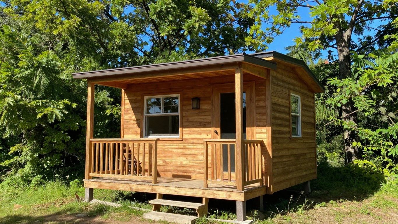 Cozy tiny house in a sunny, natural outdoor setting.