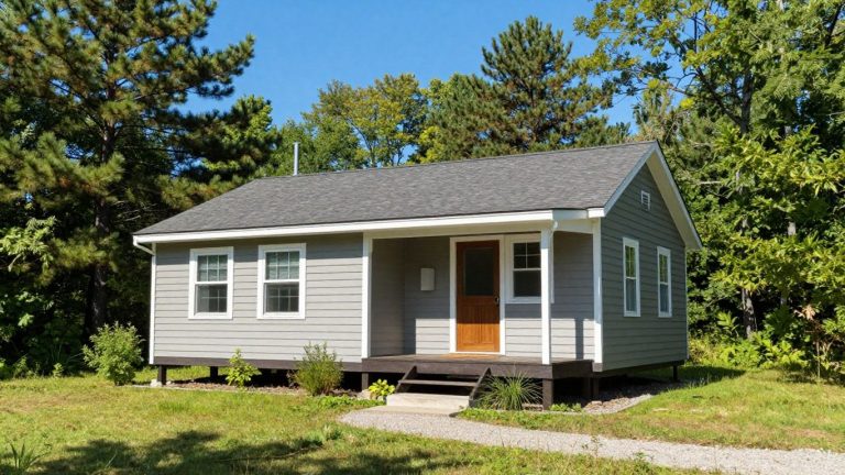 Tiny home in Michigan forest with gravel path and trees