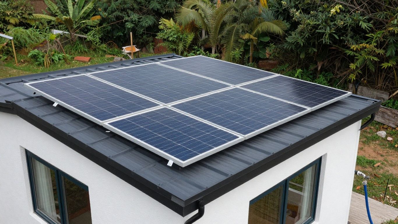 Tiny home with solar panels and water hookup.