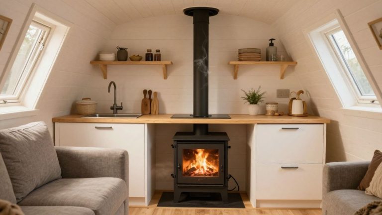 Cozy tiny house interior with efficient wood stove.