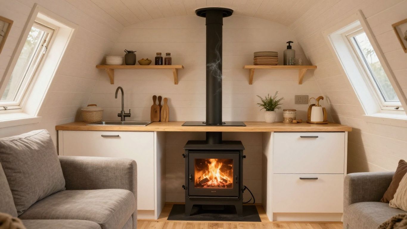 Cozy tiny house interior with efficient wood stove.