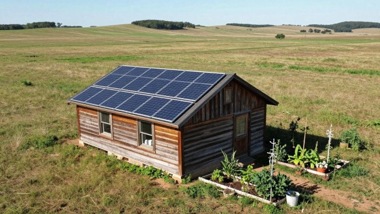 Off-grid cabin in Oklahoma with solar panels.