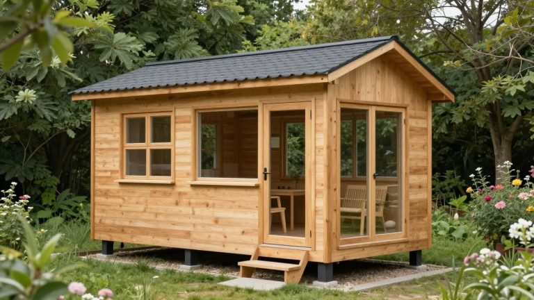 Compact tiny home with wood exterior and lush garden