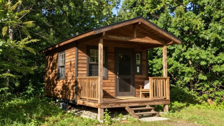 Tiny home in a green Delaware landscape.