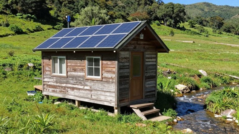 Tiny home with solar panels and water source.