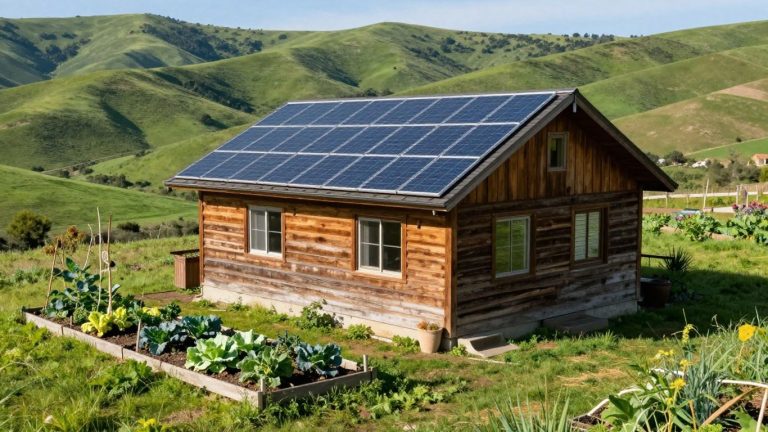 Sustainable off-grid cabin in California landscape.