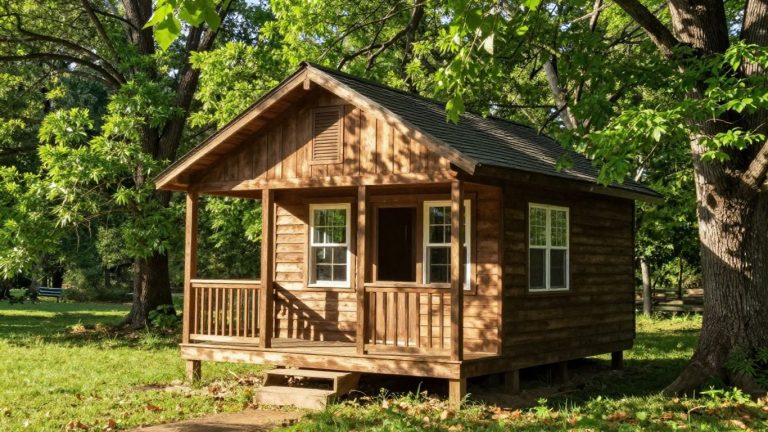 Tiny home in a sunny Arkansas forest setting.