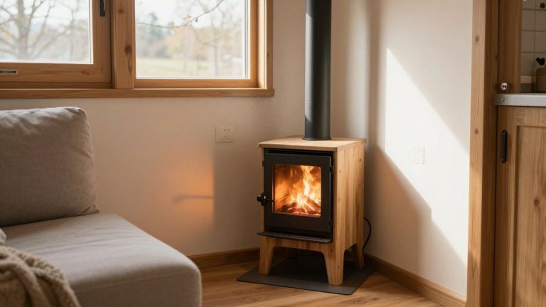 Tiny house interior with wood stove and sunlight.