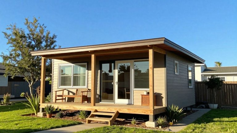 California tiny home in a sunny backyard.