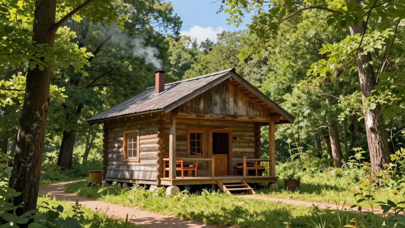Off-grid cabin in a wooded Delaware landscape.