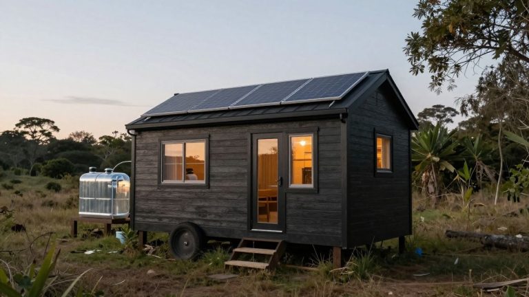 Tiny house with solar panels and water tank.