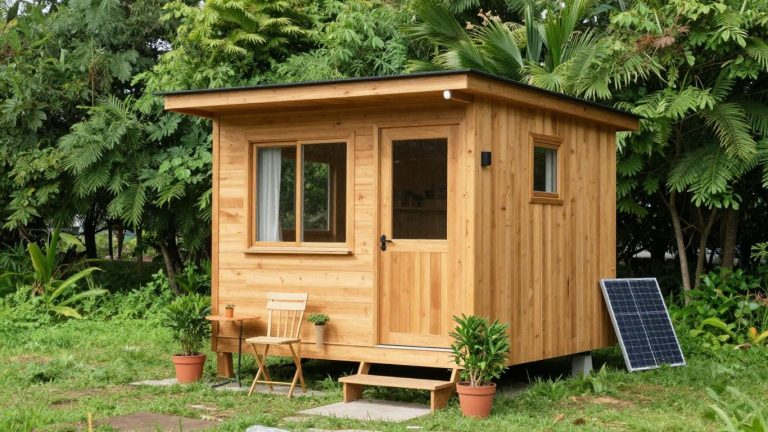 Modern tiny home with wooden siding in green setting