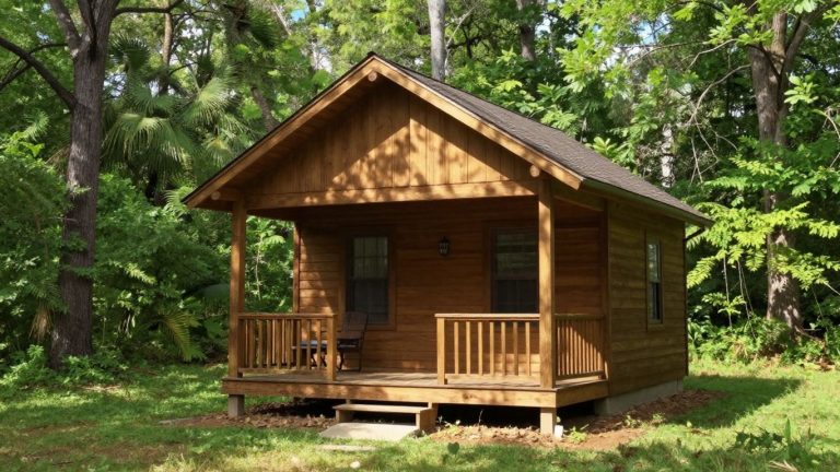 Tiny home in a sunny Alabama backyard with trees.