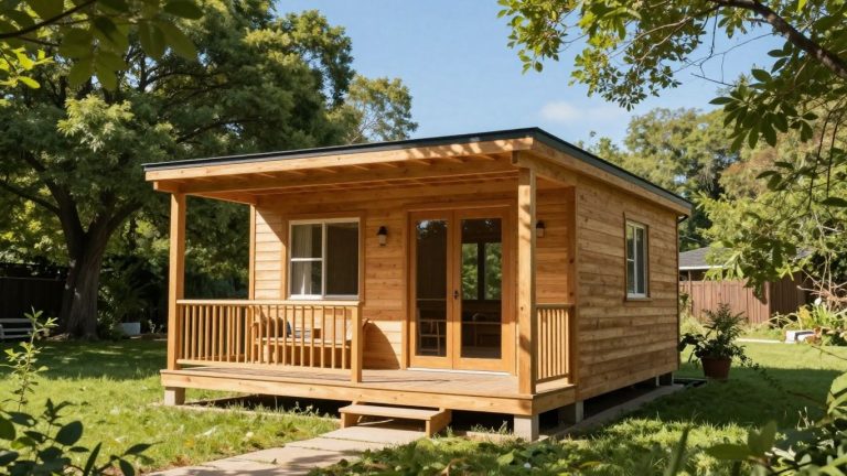 Tiny home in a sunny, green yard.