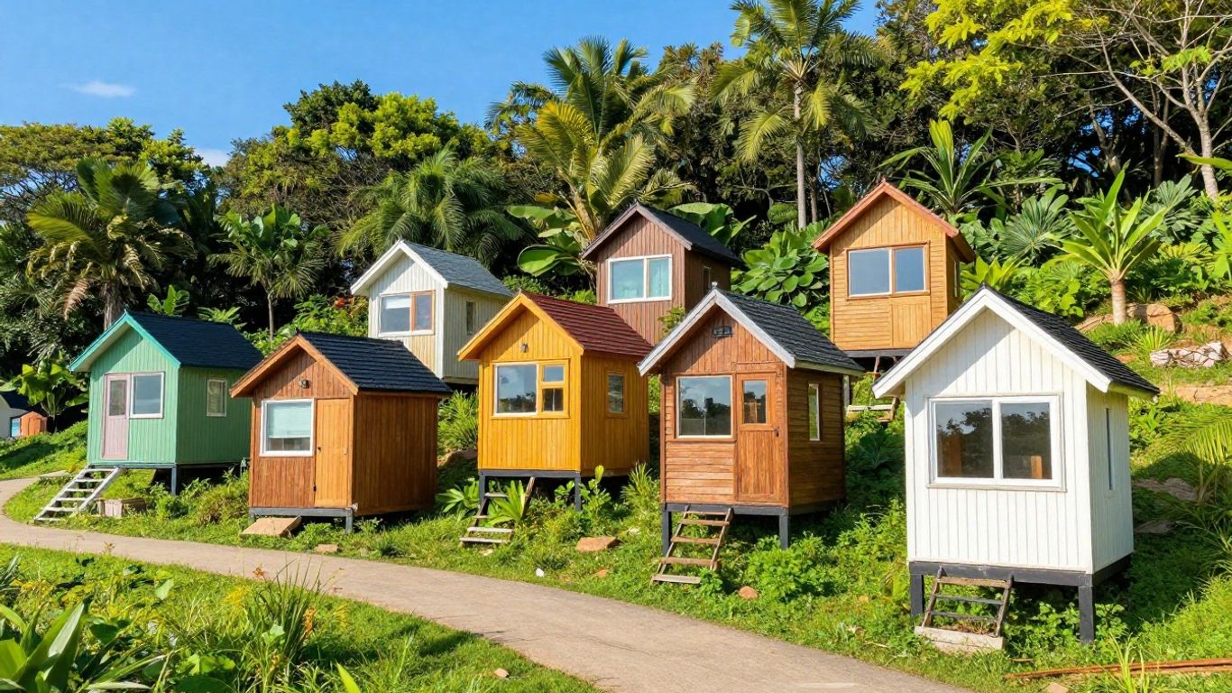 Tiny homes community in a scenic, green landscape.