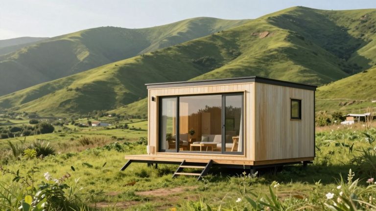 Tiny home in a scenic natural landscape.