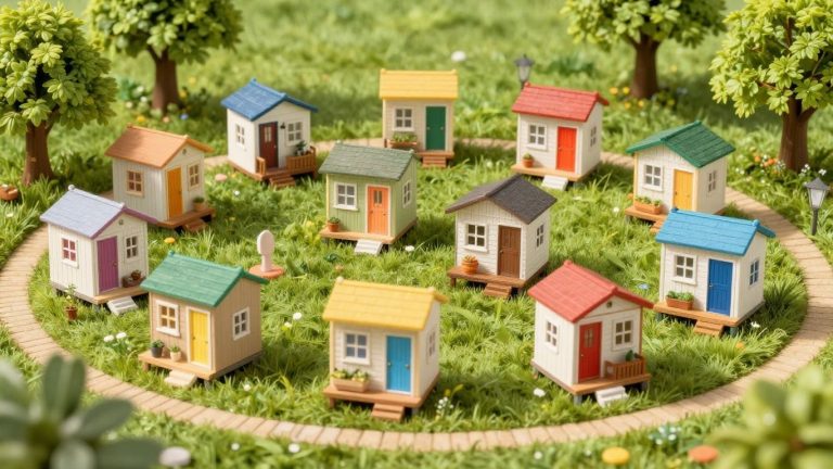 Tiny homes community in a green, sunny landscape.
