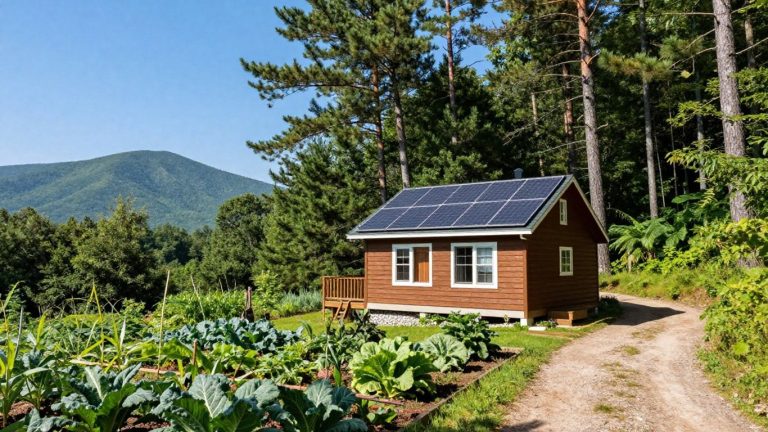 Cabin with solar panels in New Hampshire forest