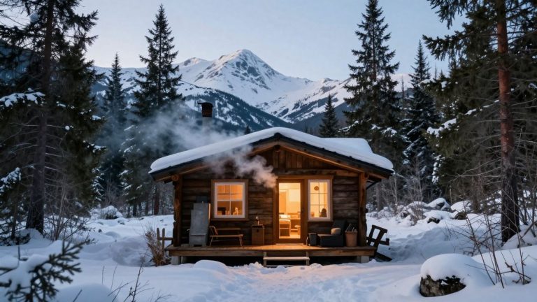 Snowy tiny home in Alaskan wilderness with mountains.