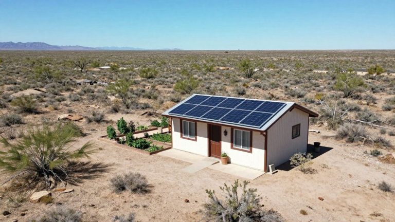 Nevada off-grid cabin with solar panels and garden.